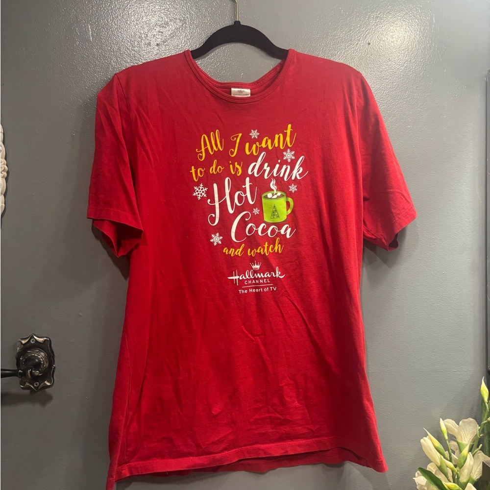 Hallmark Red 'Hot Cocoa' Christmas Movies Graphic Tee Winter Festive Casual